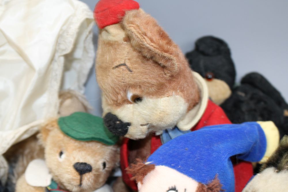 Noddy and Knoll bears, Merrythought Vintage Siamese cat, a Steiff monkey and Carobard character Policeman Nodding and others (10)